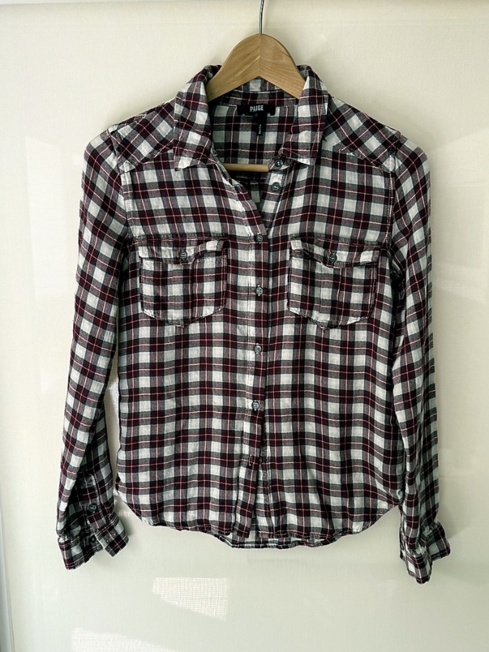 PAIGE Women’s Plaid Button Front Flannel Shirt XS Burgundy Gray White